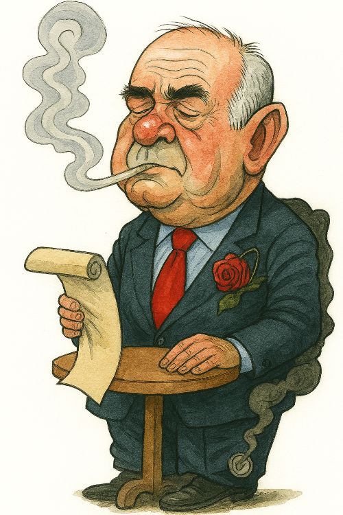Caricatura satírica de Manuel Chaves con gesto solemne, corbata roja y rosa mustia en el ojal, sentado en un sillón que se deshace en humo mientras sostiene un pergamino vacío