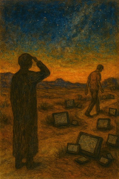 Consciencia o idiotez. Dos figuras humanas en un paisaje desértico al atardecer, una mirando hacia el cielo estrellado, la otra caminando hacia un sendero caótico con pantallas dispersas