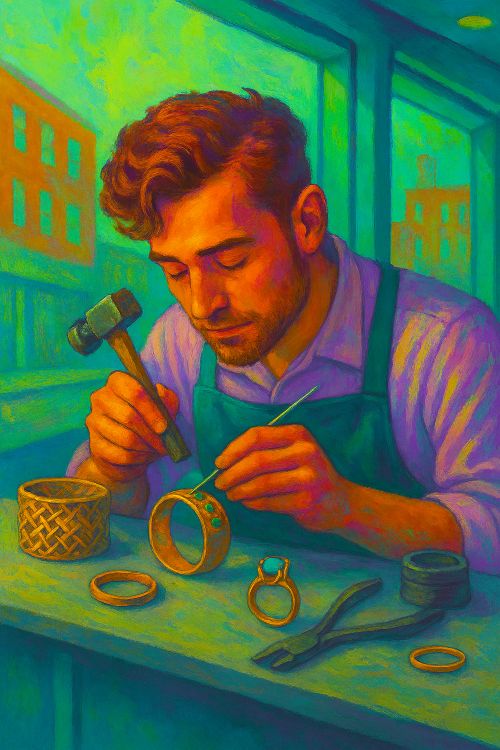 Ilustración sin texto de un joven orfebre trabajando en un taller contemporáneo, concentrado en una pulsera con gemas verdes sobre una mesa gris, con herramientas de precisión y fondo urbano visible a través de grandes ventanales