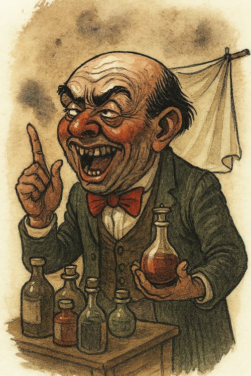 El arte ruin del refitolero El arte ruin del refitolero. Caricatura grotesca de un charlatán de feria con gesto ampuloso y frascos inútiles sobre la mesa