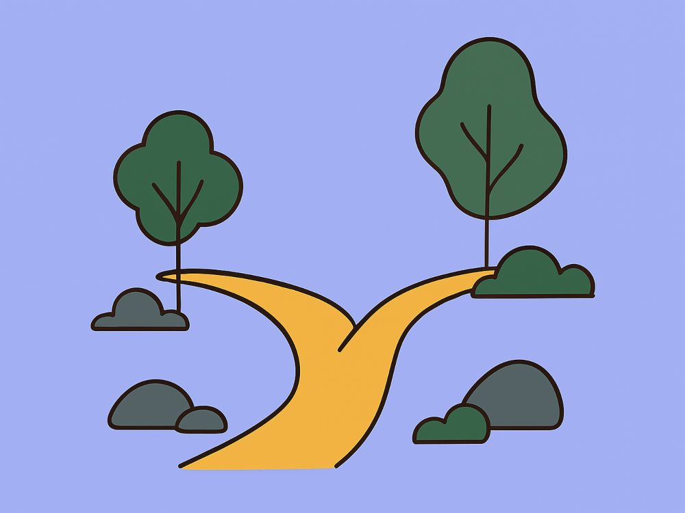 El giro del tropo. Camino bifurcado y curvo rodeado de árboles estilizados y piedras, en escena abstracta