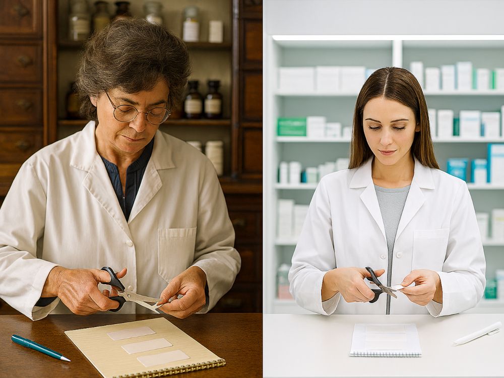 El papel que no caduca. Farmacéuticas recortando etiquetas en una farmacia antigua y otra moderna, ambas realizando el mismo gesto
