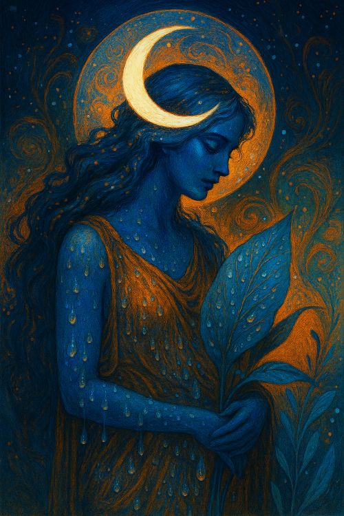 Ersa. Figura femenina etérea bajo la luna, con piel azul y gotas de rocío sobre una hoja