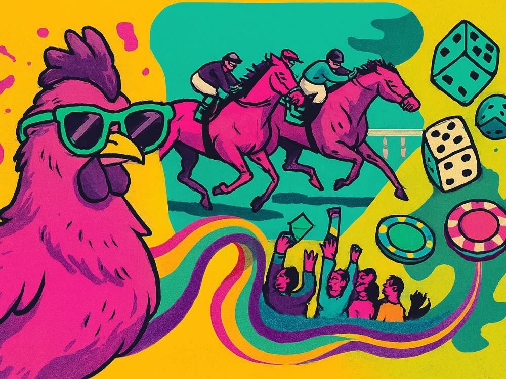 Esto es la polla Esto es la polla. Ilustración caricaturesca con una gallina joven con gafas de sol, caballos en carrera y elementos de apuesta abstracta como dados y fichas, todo en colores fucsia, turquesa y amarillo ácido
