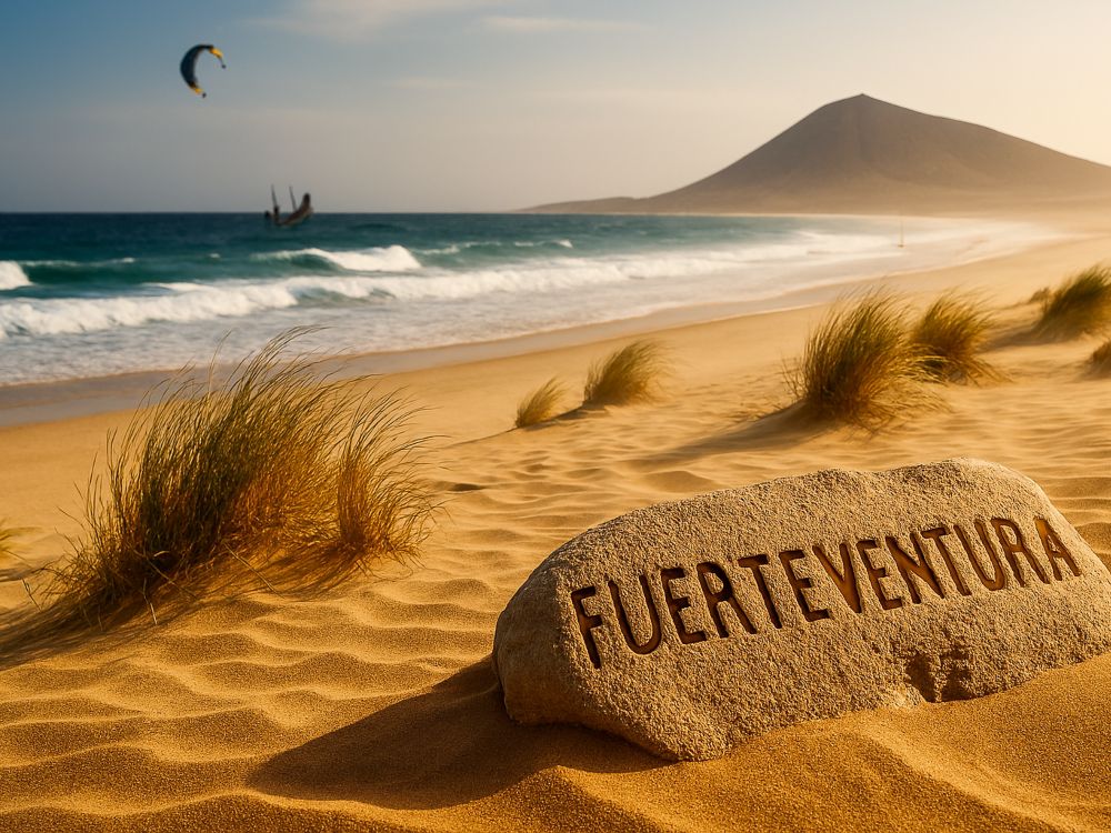 Fuerteventura Playa de Fuerteventura al atardecer, con dunas doradas, vegetación autóctona y una roca volcánica en primer plano grabada con el nombre “Fuerteventura”. Al fondo, una embarcación medieval navega con la vela inscrita “Forte Ventura”, evocando el origen histórico del topónimo
