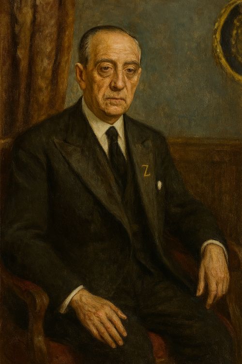 González de Amezúa Retrato pictórico de González de Amezúa con rostro serio, vestido con traje oscuro, con una letra Z bordada en la solapa