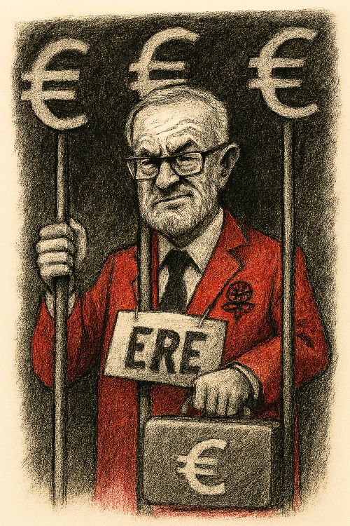 Caricatura satírica de José Antonio Griñán tras barrotes formados por símbolos del euro. Viste traje rojo con la rosa del PSOE en la solapa y sostiene un maletín marcado con “ERE”. Su expresión es altiva y burlona. El fondo oscuro sugiere corrupción y poder político