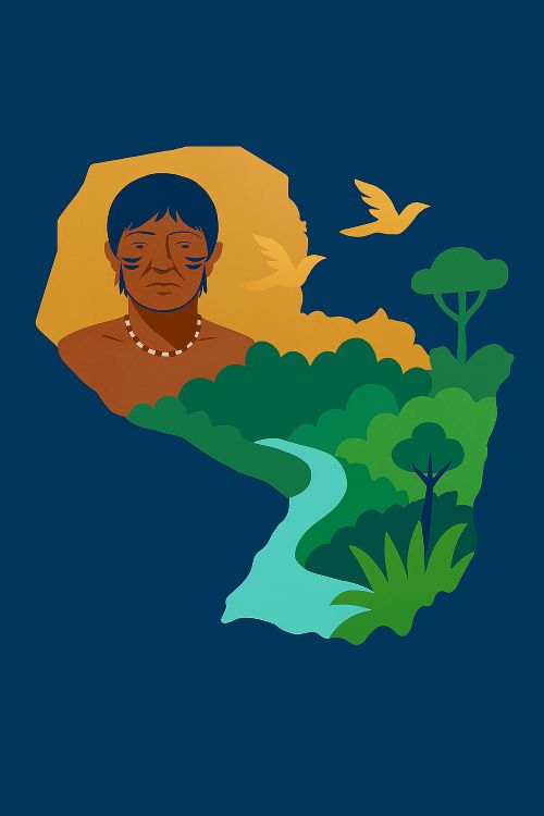Guaraní. Mapa estilizado de Paraguay con elementos culturales guaraníes: retrato indígena, paisaje tropical y símbolos geométricos