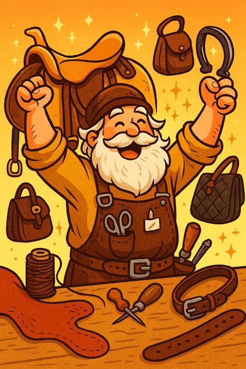 Guarnicionero Ilustración colorida y caricaturesca de un guarnicionero sonriente en su taller, rodeado de sillas de montar, correajes y herramientas de cuero, con expresión jubilosa y ambiente cálido