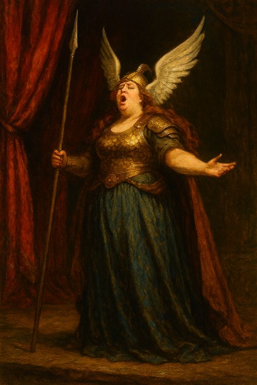Hasta que canta la gorda Hasta que canta la gorda. Soprano wagneriana vestida como valquiria, con casco alado, armadura dorada y capa, cantando en el centro de un escenario barroco iluminado por luz dorada