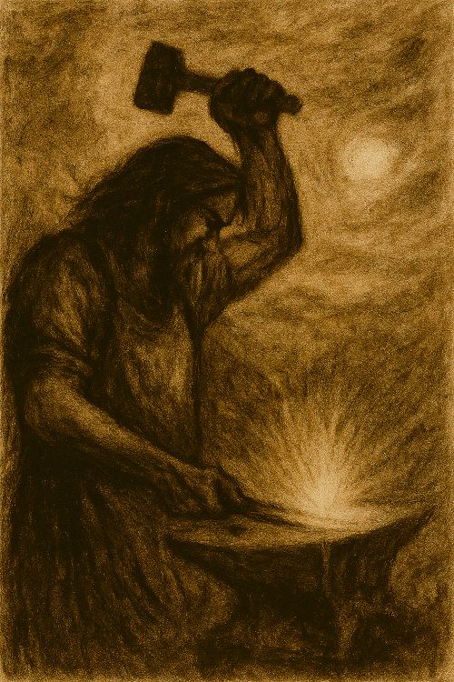 Ilustración en sepia de un herrero concentrado en su fragua, martillo en alto, golpeando una pieza de metal incandescente sobre el yunque. La escena evoca la transformación de la materia mediante fuego, ritmo y saber técnico