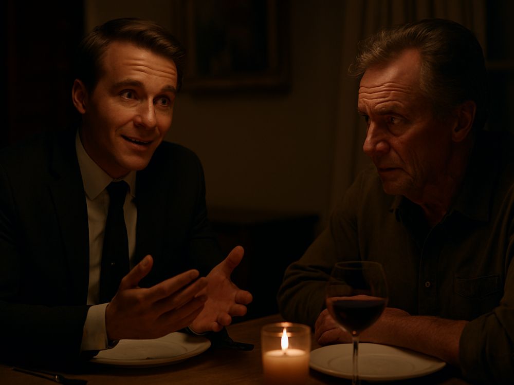 Inquietantes cortesías. Dos figuras conversan en un entorno sobrio. Una muestra cortesía con gesto amable; la otra, con expresión de desconfianza, sugiere precaución. La escena evoca el refrán 'A mucha cortesía, mayor cuidado'