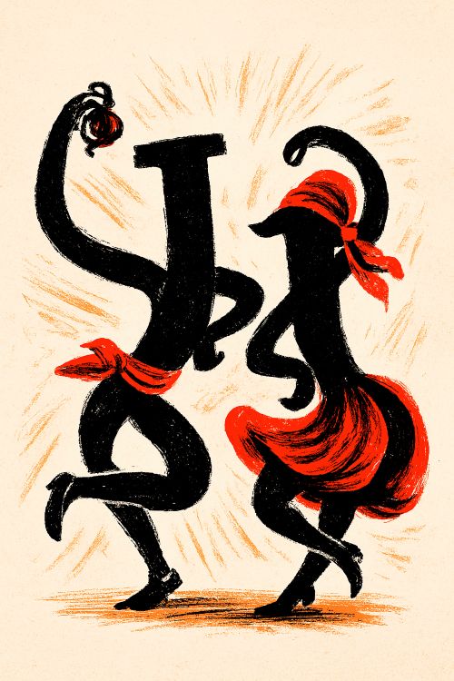 J, la rasposa Dos letras J antropomorfizadas bailando la jota con atuendo tradicional, en poses dinámicas y festivas