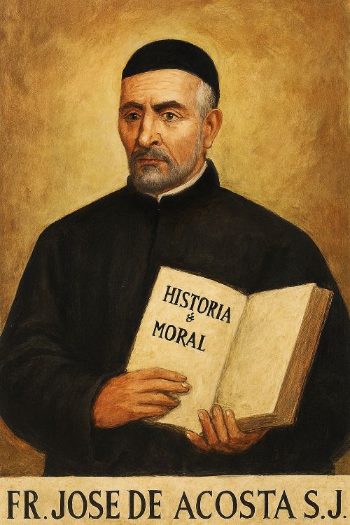 Retrato imaginado de José de Acosta, jesuita del Siglo de Oro, con hábito negro y libro abierto, sobre fondo cálido