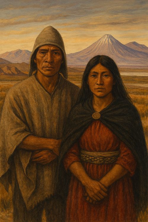 Kunza Kunza. Pareja likan antai de pie en primer plano, con vestimenta tradicional, frente a un paisaje desértico del Atacama al atardecer, con el volcán Licancabur al fondo