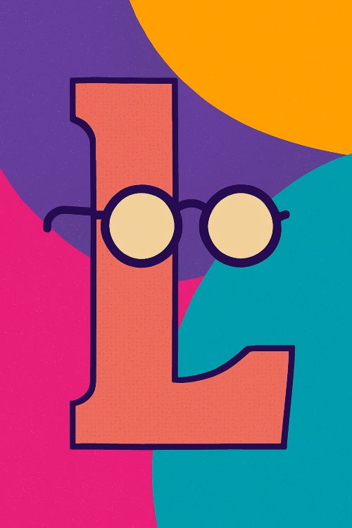 L de lección L: lección líquida en color salmón con gafas redondas, sobre fondo vibrante dividido en formas magenta, púrpura, naranja y turquesa