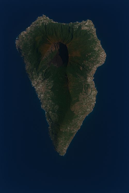 Vista aérea de la isla de La Palma, con relieve volcánico, vegetación densa y núcleos urbanos dispersos. El mar rodea la isla y el cielo está despejado. No hay palmeras visibles
