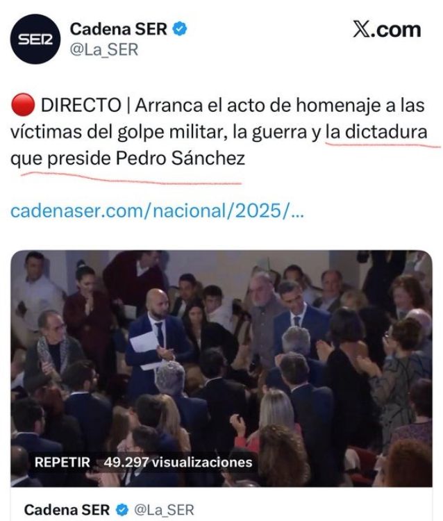La dictadura sin comas La dictadura sin comas. Captura de pantalla de un tuit de Cadena SER que afirma que Pedro Sánchez preside un homenaje a las víctimas del golpe militar, la guerra y la dictadura
