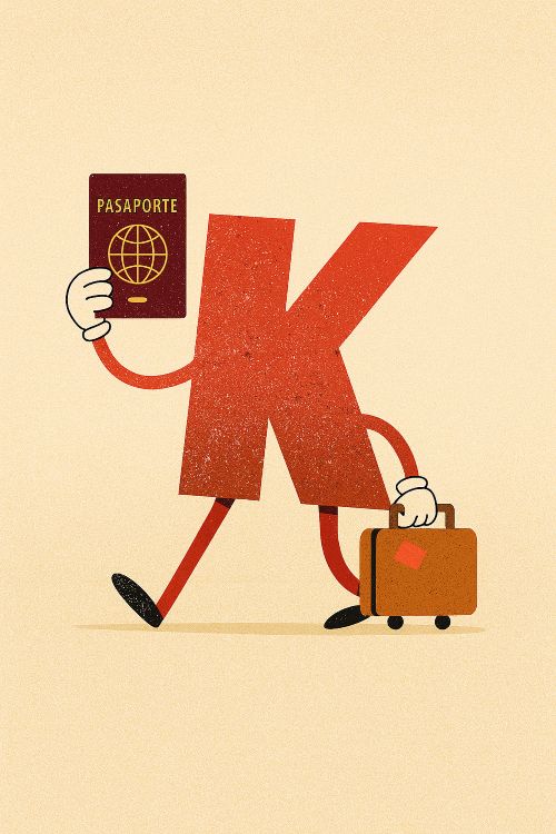 La extranjera K La extranjera K antropomórfica en rojo, caminando con una maleta y sosteniendo un pasaporte, sobre fondo beige