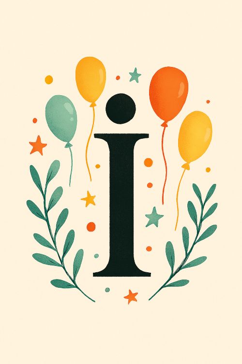 La finita I Ilustración festiva de la letra minúscula 'i', rodeada de globos, ramas y estrellas en tonos suaves