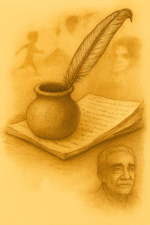 La vida es relato. Ilustración sepia de un cuaderno abierto con pluma estilográfica, figuras borrosas emergiendo del papel y un pequeño retrato de Gabriel García Márquez en la esquina inferior derecha