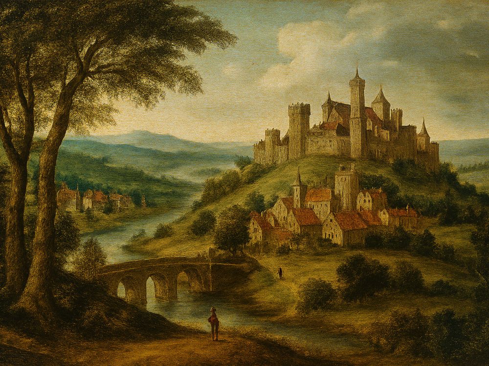 Lenguas de oïl Lenguas de oïl. Paisaje medieval con un castillo amurallado sobre un montículo, rodeado de un río, puente de piedra y aldeas dispersas. La escena evoca la Francia septentrional en época románica, con atmósfera de transmisión cultural y territorial