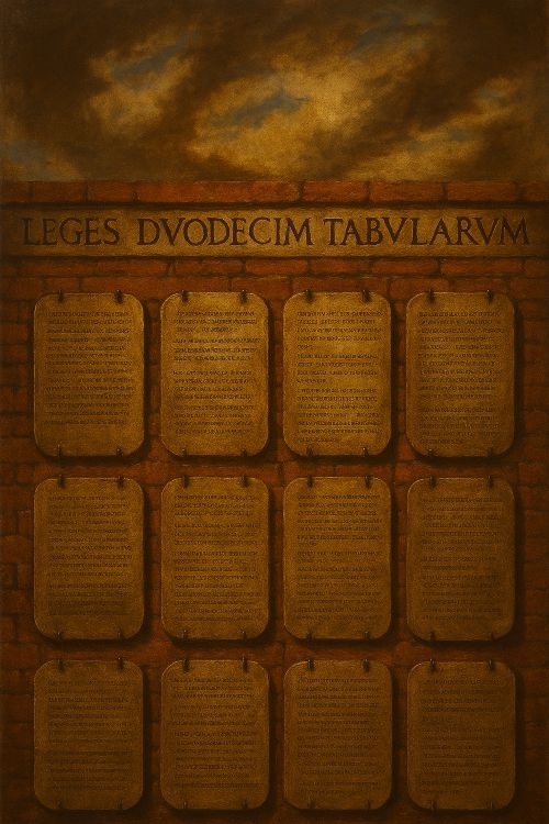 Doce tablas de bronce con inscripciones latinas expuestas en un muro romano bajo un cielo dramático