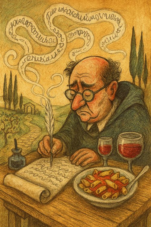 Macarrónico Ilustración conceptual de la palabra macarrónico: un libro abierto con páginas torcidas y un plato de macarrones al lado, símbolo de la mezcla entre lo culto y lo vulgar