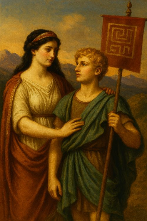 Medo Medo joven con estandarte geométrico junto a Medea, en un paisaje montañoso oriental