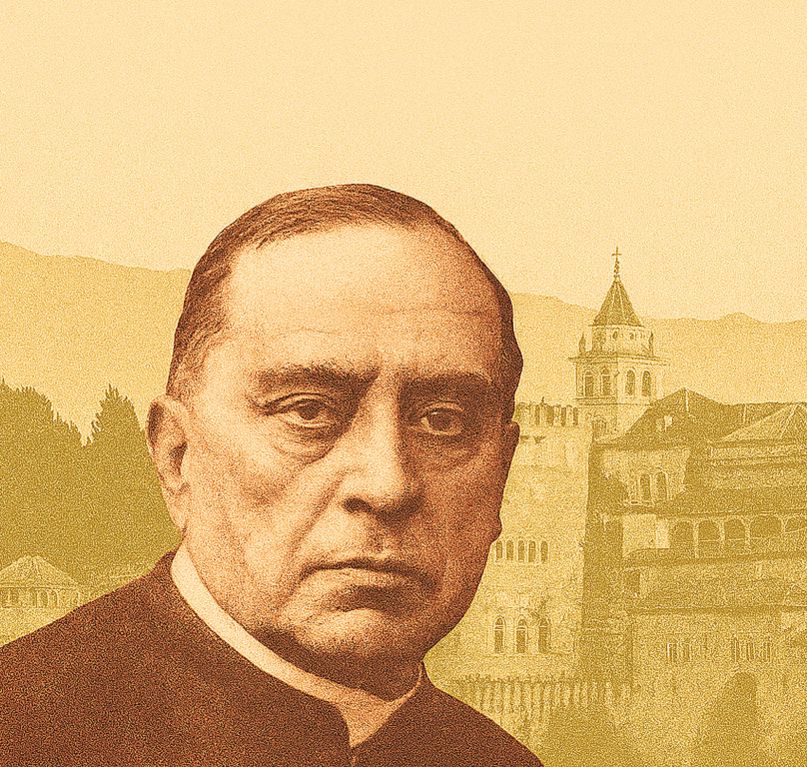 Miguel Asín Palacios Retrato editorial de Miguel Asín Palacios entre arquitectura islámica y cristiana, con luz mediterránea y mapa de Al-Andalus al fondo