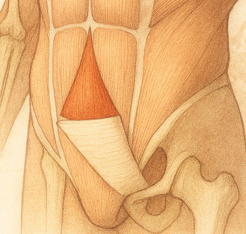 Ilustración anatómica del músculo piramidal del abdomen, triangular y situado en la línea media inferior, sobre la sínfisis púbica