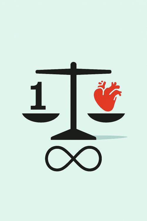Numérico Balanza estilizada con un número y un corazón enfrentados, sobre Numérico. fondo verde menta, con símbolo de infinito debajo