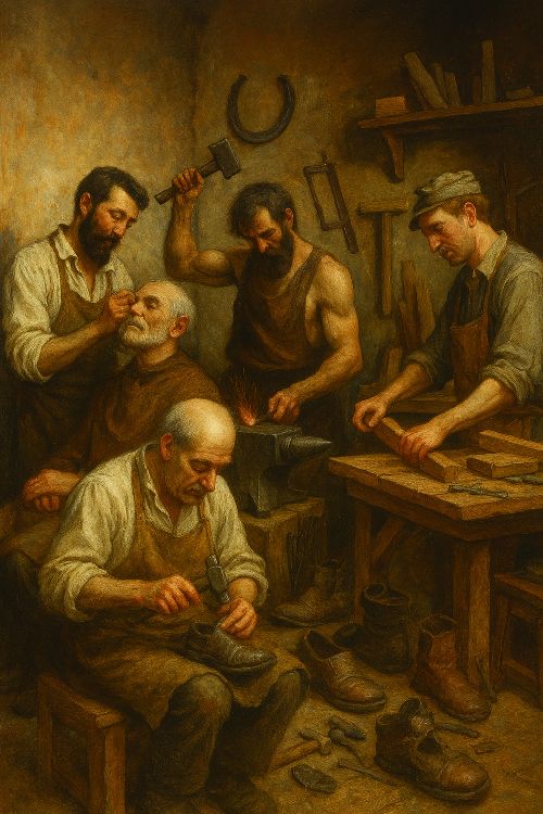 Oficios. Cuatro artesanos tradicionales —carpintero, herrero, zapatero y barbero— trabajan concentrados en un taller cálido y austero, rodeados de herramientas, materiales y luz natural que realza la dignidad de sus oficios