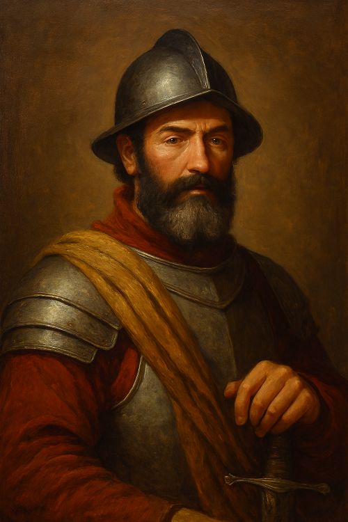 Retrato realista de Pedro de Alvarado con armadura del siglo XVI, expresión severa y fondo cálido en estilo pictórico tradicional