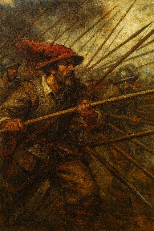 Pica española Soldado español del siglo XVII con armadura desgastada y sombrero rojo, empuñando una pica seca en formación de combate junto a otros piqueros, bajo un cielo humeante