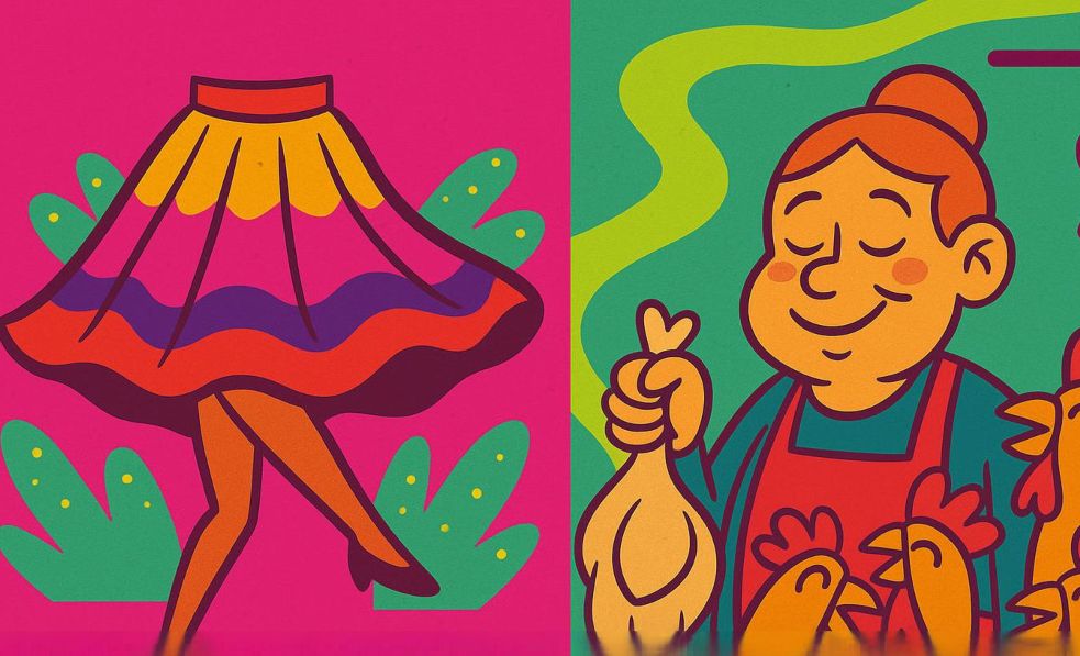 Pollera. Ilustración dividida: a la izquierda, una falda colorida en movimiento; a la derecha, una tendera rodeada de pollos con expresión cómica