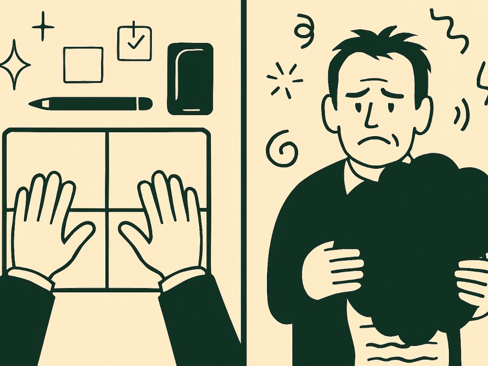 Prolijo. Ilustración dividida: a la izquierda, manos ordenadas sobre una mesa limpia; a la derecha, figura abrumada por una nube oscura que simboliza verborrea excesiva