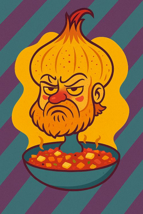 Rehogado. Caricatura de un personaje cebolla con cuerpo de sofrito incompleto y expresión de falsa seriedad