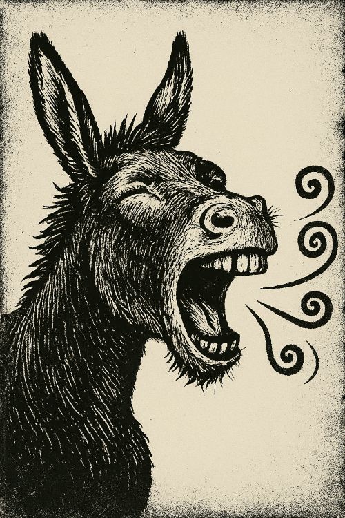 Retoliquero. Burilado en blanco y negro de un burro con la boca abierta, emitiendo espirales de sonido, símbolo de palabrería repetitiva