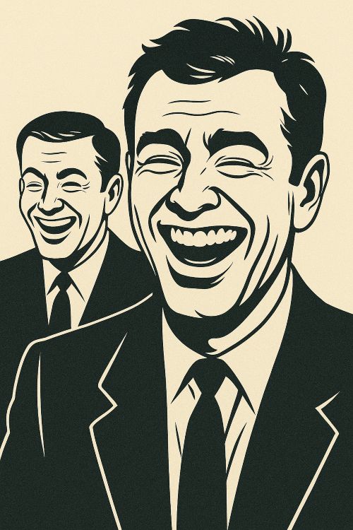 Rieleches Rieleches. Dos hombres con sonrisas exageradas y congeladas, vestidos de traje, en una escena monocroma de alto contraste que sugiere falsedad emocional