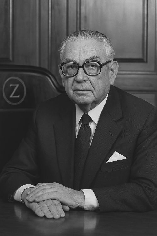 Salvador Fernández Ramírez. Retrato en blanco y negro de un hombre mayor con gafas, traje oscuro y corbata, sentado en un entorno académico con paneles de madera. A su lado, una silla con la letra 'Z' grabada, símbolo de su sillón en la Real Academia Española