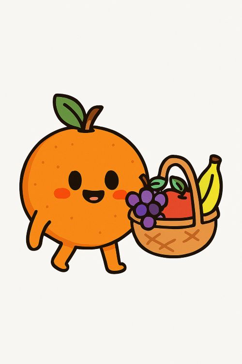 Sinécdoque. Naranja sonriente con hoja verde que sostiene una cesta de frutas variadas (plátano, uvas, manzana) sobre fondo claro