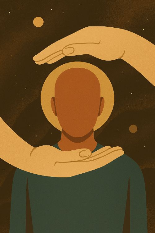 Solipsismo Figura solitaria rodeada por dos manos en un fondo cósmico, representando el aislamiento mental del solipsismo