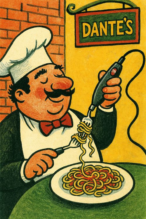 Hombre con tenedor eléctrico enrollando espaguetis en un restaurante italiano, estilo ilustración humorística