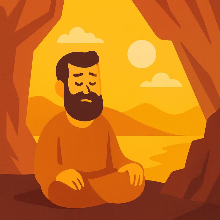 Ilustración de un hombre de principios meditando en la entrada de una cueva al atardecer, rodeado por un paisaje cálido y desolado.
