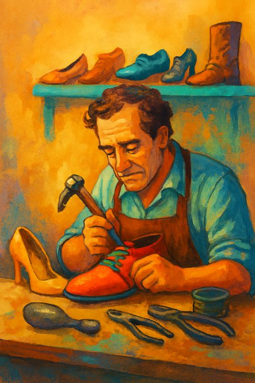 A tus zapatos. Ilustración de un zapatero concentrado en reparar un zapato, rodeado de herramientas y calzado variado en su taller