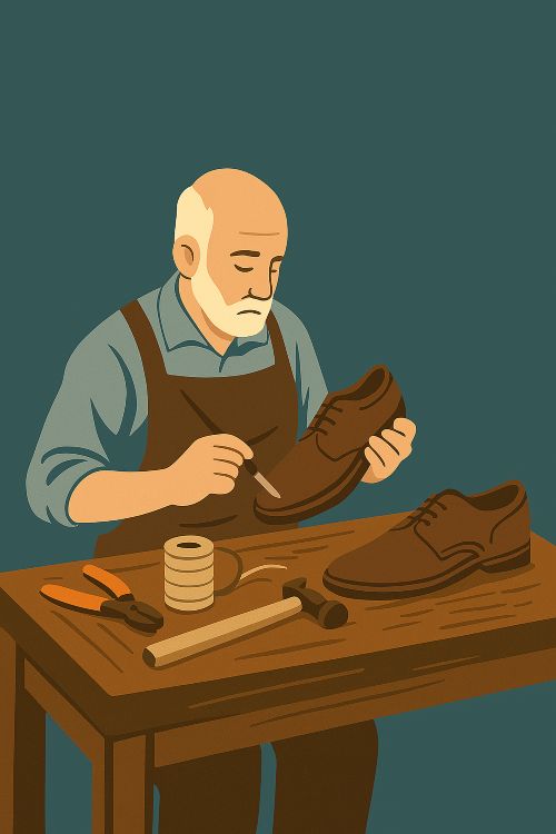 Zapatero trabajando con herramientas manuales sobre un zapato de cuero en su taller, rodeado de objetos de oficio sobre una mesa de madera