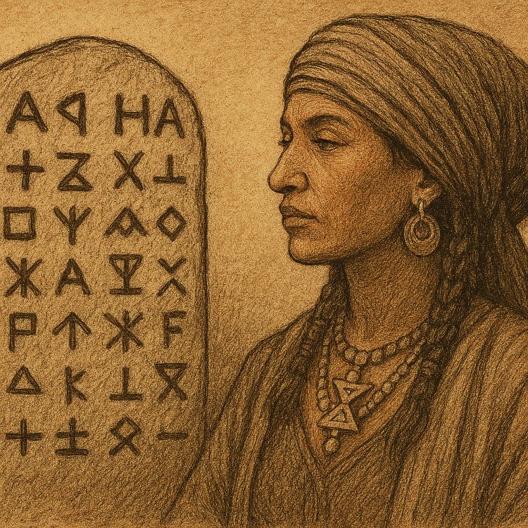 Mujer amazigh con atuendo tradicional junto a una piedra inscrita en alfabeto tifinag