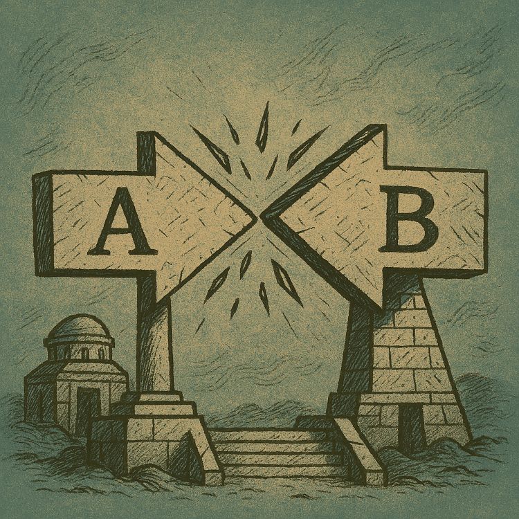 Antinomia Antinomia. Dos flechas de piedra opuestas colisionan frontalmente, generando una explosión de fragmentos sobre fondo azul apagado