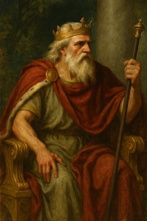 Representación de Atreo, rey mitológico de Micenas, sentado en su trono con expresión severa y vestimenta regia